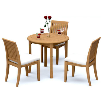 4-Piece Outdoor Patio Teak Dining Set: 36" Round Table & 3 Lagos Armless Chairs