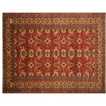 Bareens Designer Rugs - Rustic Super Kazak Kary Red/Gold Wool Rug - 9'9'' x 13'3'' - Embellish your home with this exquisitely hand-knotted Kazak Rug made with the finest hand spun wool and all vegetable dyes. Demonstrating incredible attention to detail, this hand-knotted masterpiece features an intricate Kazak pattern in a classic color palette. Made in the Caucasian designs from Russia and the northern Persian empire, each Kazak incorporates distinctive tribal flavor with elements such as the stepped hooted polygons, geometrical medallions, animals and rosettes. The straight, clean lines and bold tones embody the weaving style of the Armenian and Afghani weavers known for these iconic designs. This magnificent rug featuring soft luscious pile and is made with handspun wool and natural dyes to produces soft luminous shades causing a beautiful sheen. With geometric designs and bold vibrant saturated colors predominately blues, reds, greens, and gold make a bold statement in any decor. The construction technique used ensures that the designs and colors Ae capable to withstand heavy traffic area.