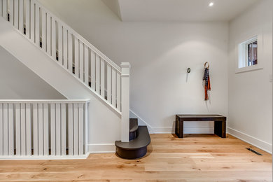 Photo of a contemporary foyer in Toronto with a single front door and medium hardwood floors.
