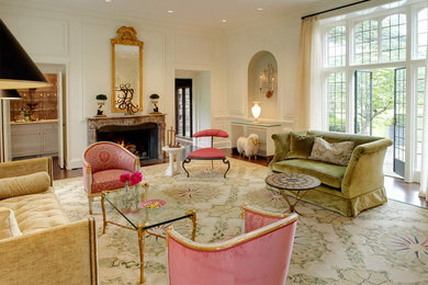 Huge elegant living room photo in New York with a standard fireplace and no tv