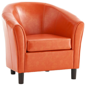 Elegant Accent Chair, Cushioned Leather Seat With Rounded Backrest, Orange
