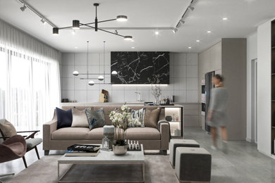 Inspiration for a mid-sized modern open concept porcelain tile, gray floor, exposed beam and wallpaper living room remodel in Other with white walls and no fireplace