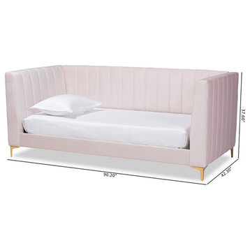 Bowery Hill Modern Velvet Upholstered and Gold Finished Twin Size Daybed in Pink