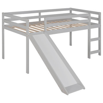 TATEUS Rustic Loft Bed With Slide & Twin Size, Solid Pine Wood, Gray