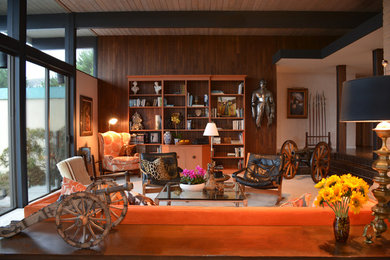 Large eclectic formal and enclosed carpeted living room photo in San Francisco with orange walls