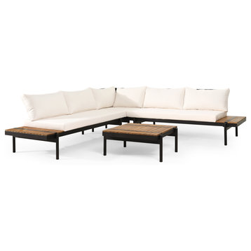 Cody Outdoor Acacia Wood 5 Seater Sectional Sofa Set with Cushions