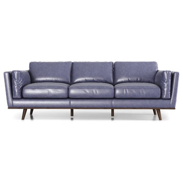 Pemberly Row Mid-Century Modern Cushion Back Leather Sofa in Blue