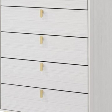 Benzara BM275716 Wood Tall Dresser Chest, 5 Drawers, Metal Handles, White/Gold