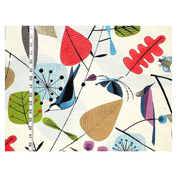 Scandinavian Fabric Retro Modern Graphic Bird Leaves, Standard Cut