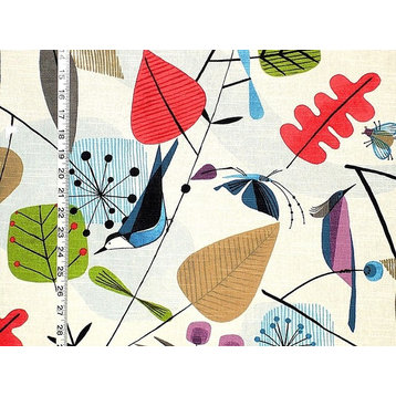 Scandinavian Fabric Retro Modern Graphic Bird Leaves, Standard Cut