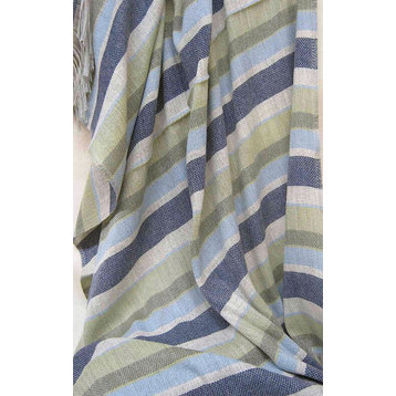 Merino Wool Blend Middle East 5 Color Stripe Throw Blanket, All Natural, Blue an