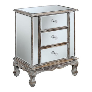 3 Drawer Mirrored End Table In Weathered White Traditional