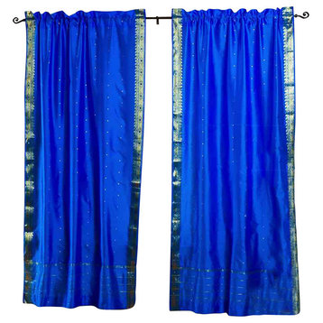 Blue 84-inch Rod Pocket Sheer Sari Curtain Panel  (India) - Pair