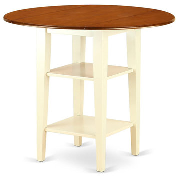 Counter Pub Table, 2-Tone Design With Drop Leaf & Open Shelf, Buttermilk/Cherry