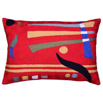 Lumbar Decorative Pillow Cover Red Kandinsky Elements HandEmbroidered Wool 14x20