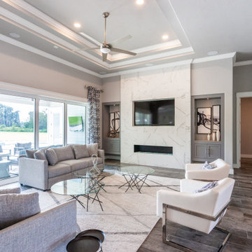 Modern Transitional Living Room with Fireplace and Double Tray Ceiling