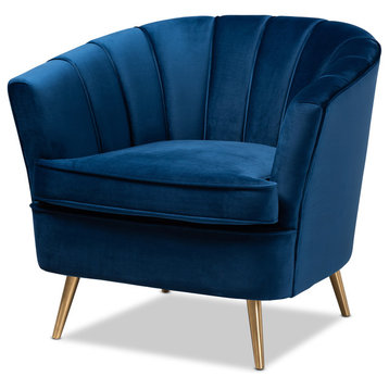 Corbin Glam and Luxe Navy Blue Velvet Upholstered Brushed Gold Accent Chair