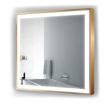 LED Lighted Bathroom Frame Mirror With Defogger, Gold, 36"x36"