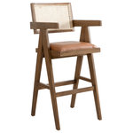 Armen Living - Harley Nutmeg Brown Wood 30" Barstool, Red/Brown Faux Leather, Set of 3 - The Harley Barstool is a striking blend of classic craftsmanship and modern design, ideal for your kitchen, dining room, or home bar. Featuring a unique combination of an upholstered seat and a woven rattan backrest, this barstool exudes warmth and character. The fiber-wrapped foam cushion ensures comfortable seating, while the clean rectangular lines and armrests provide both style and support.
