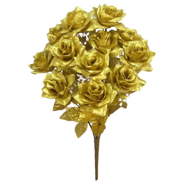 12 Stems Artificial Veined Satin Rose Flowers Bush, Gold