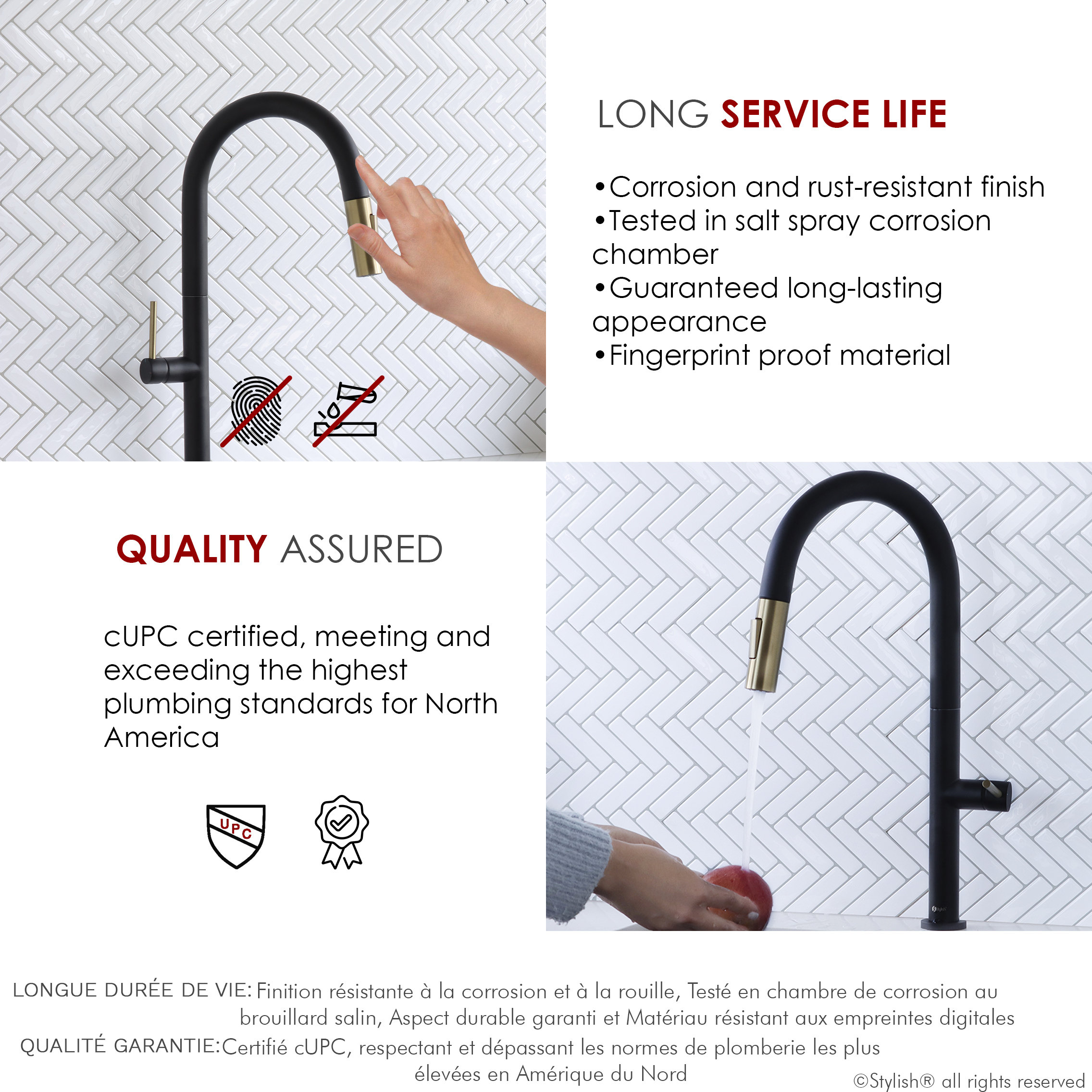 STYLISH Single Handle Pull Down Kitchen Faucet Dual Mode in Black-Brushed Gold