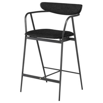 Fabric Counter Stool Black Steel Oak Wood Morden Stool, Activated Charcoal