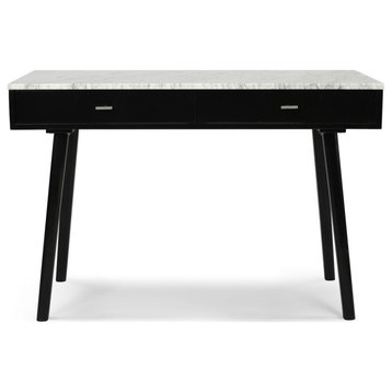 Viola 44" Rectangular Italian Carrara White Marble Writing Desk, Black, 15" Wide