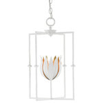 Currey & Company - Tulipano Lantern - The Tulipano Lantern has a winsome flower blooming in its center, the delicacy of the petals making the fact they are fashioned from wrought iron a surprise. The gesso white finish on the white lantern contrasts the interior of the tulip in a painted contemporary gold finish, which brings warmth to the light. We also offer the Tulipano as a rectangular lantern.