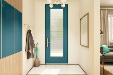 Example of an eclectic light wood floor and multicolored floor entryway design in Montreal with white walls and a blue front door