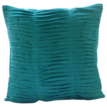 Textured Pintucks 22"x22" Art Silk Aqua Blue Pillows Cover, Gentle Waves