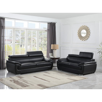 Two Piece Indoor Black Genuine Leather Five Person Seating Set