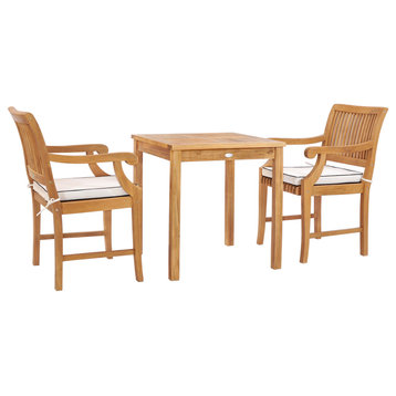 3 Piece Teak Wood Florence Intimate Bistro Patio Dining Set with 2 Arm Chairs