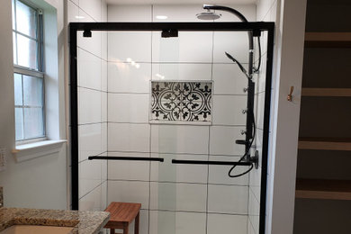 Example of a mid-sized classic master white tile and porcelain tile bathroom design