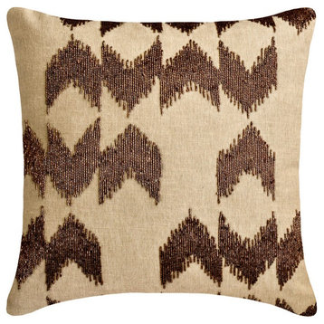 Brown Linen Beaded 14"x14" Throw Pillow Cover - Altitude