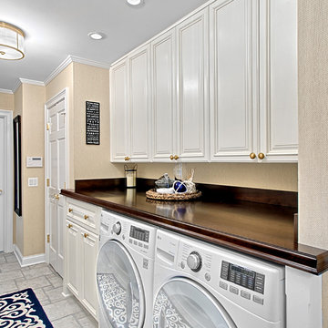 Laundry Room-White Cabinets-Walnut Countertop