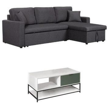 Home Square 2-Piece Set with Linen Sleeper Sectional Sofa and Steel Coffee Table