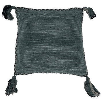 Braided Border Pillow With Tassel Design, Blue-Grey, Cover Only