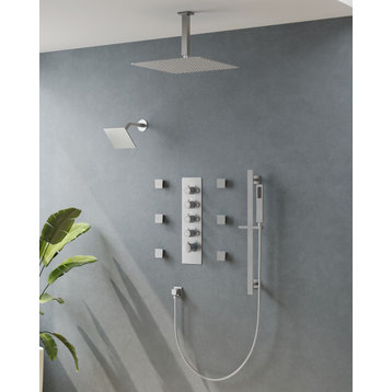 Thermostatic Dual Heads Rain Shower Faucet with Rough-In Valve & 6 Body Jets, Brushed Nickel, 16 in. X 6 in.