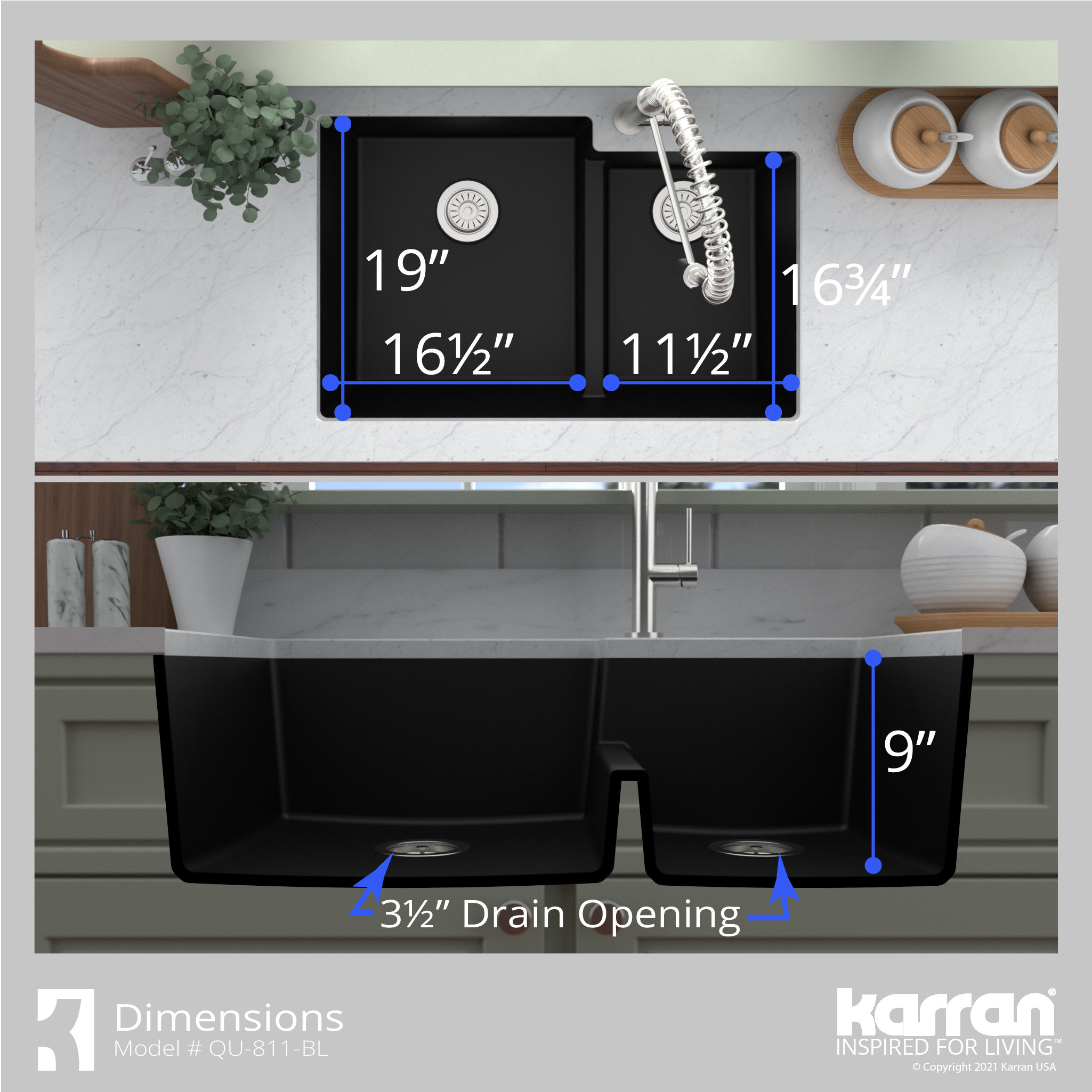 Karran 32" Undermount Large/Small Bowl Quartz Kitchen Sink, Black
