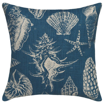Seashells Printed Linen Pillow With Feather-Down Insert, Navy