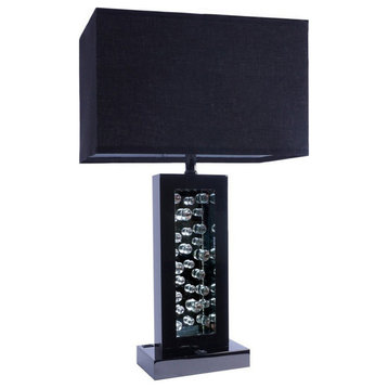 28" Nickel Table Lamp, Black Fabric Shade, Glass Panel and LED Accents