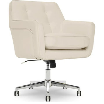 Swivel Office Chair, Memory Foam Seat & Button Tufted Back, Cream Faux Leather