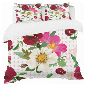 Pansies Cherries and Roses On Pink Dotted Abstract Duvet Cover, King