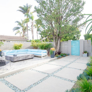 Cette photo montre un grand xéropaysage arrière tendance avec un foyer extérieur, une exposition ensoleillée et des pavés en béton.