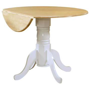 Round Pedestal Drop Leaf Dining Table, Natural Brown and White