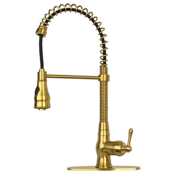 Copper Pre-Rinse Spring Pull Down Kitchen Faucet With Deck Plate Brushed Gold