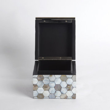 Luxe Mother of Pearl Inlaid Decorative Box  Square 5" Hexagon Honeycomb Shell