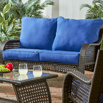 Wicker Woven Lounge Set with Bold Blue Seat Cushions