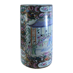 Vintage Handmade Rose Golden Canton Porcelain Flower Graphic Vase Holder - Vases