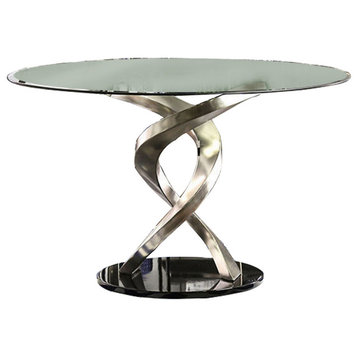 Benzara BM217497 Round Dining Table with Swirl Metal Base, Black and Silver